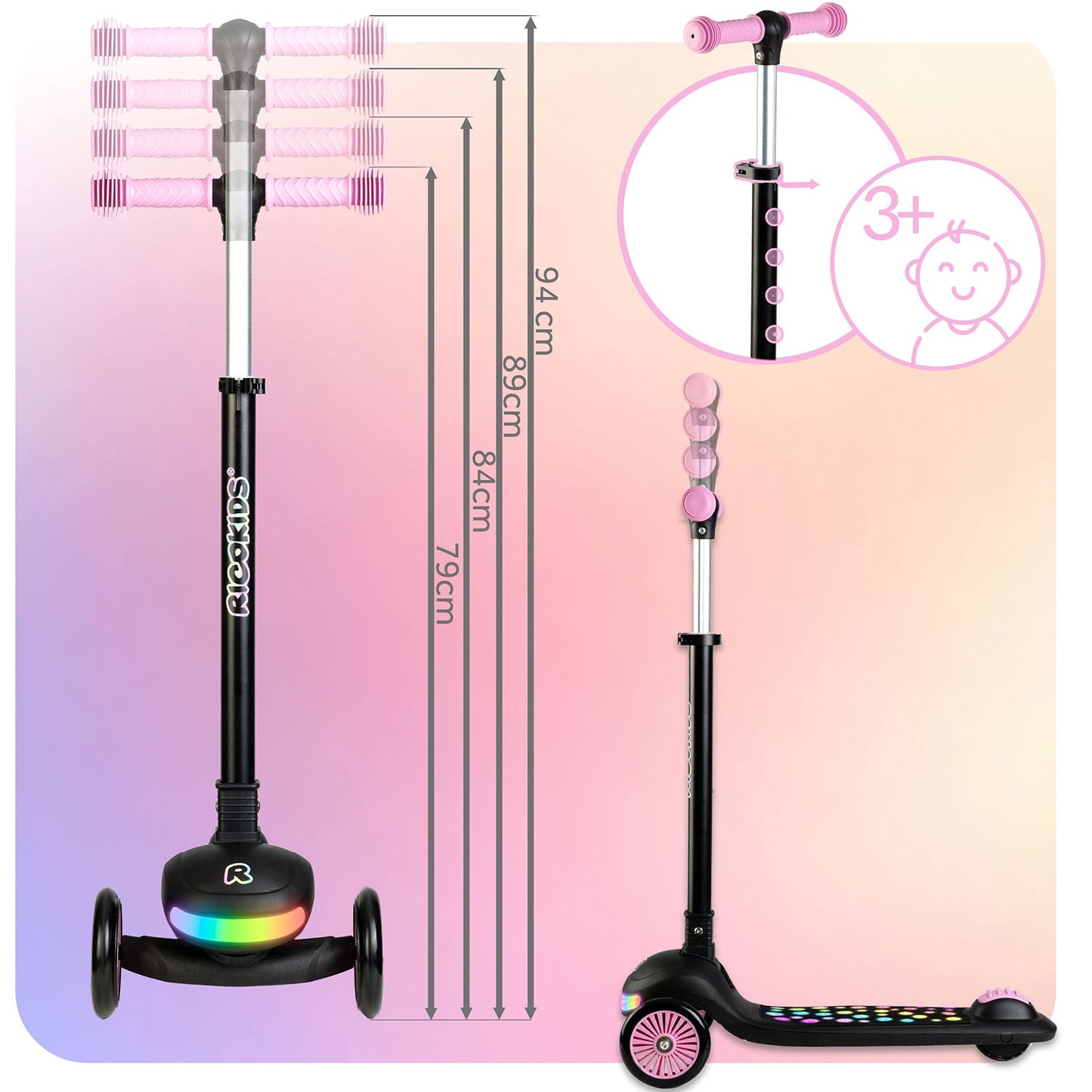 Ricokids Glowi three-wheeled LED balance scooter for children - black and pink