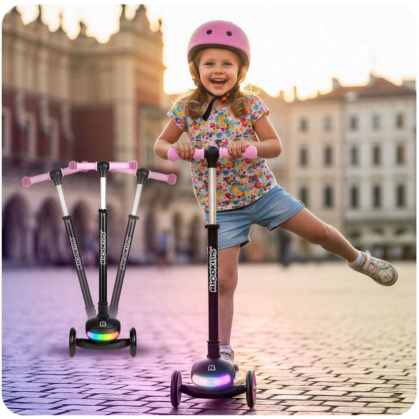 Ricokids Glowi three-wheeled LED balance scooter for children - black and pink