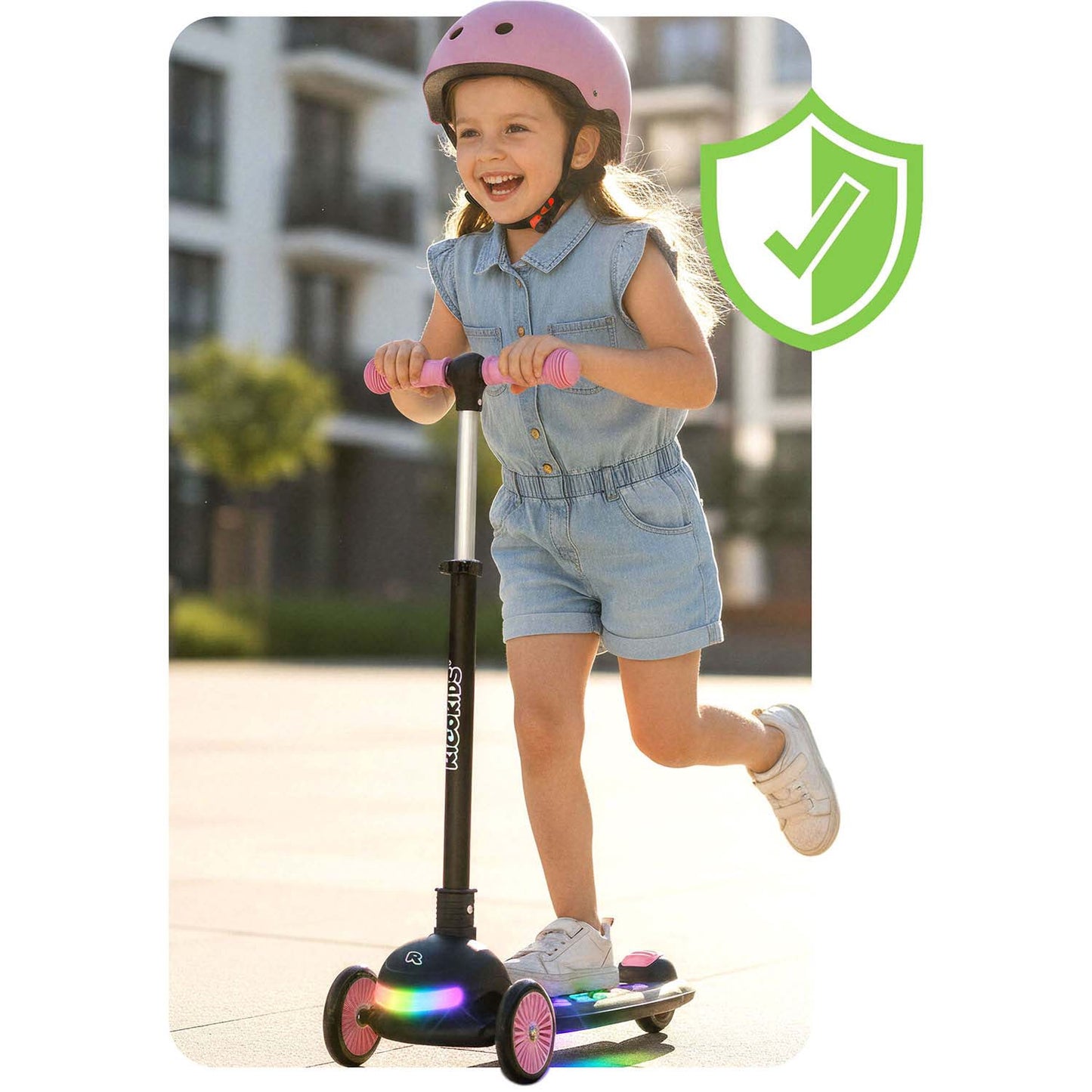Ricokids Glowi three-wheeled LED balance scooter for children - black and pink