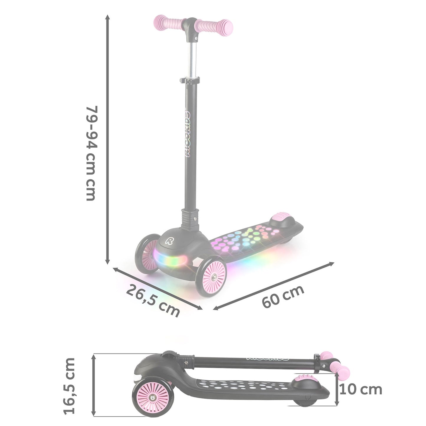 Ricokids Glowi three-wheeled LED balance scooter for children - black and pink