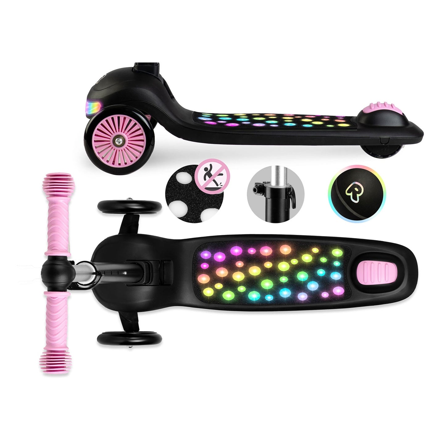 Ricokids Glowi three-wheeled LED balance scooter for children - black and pink