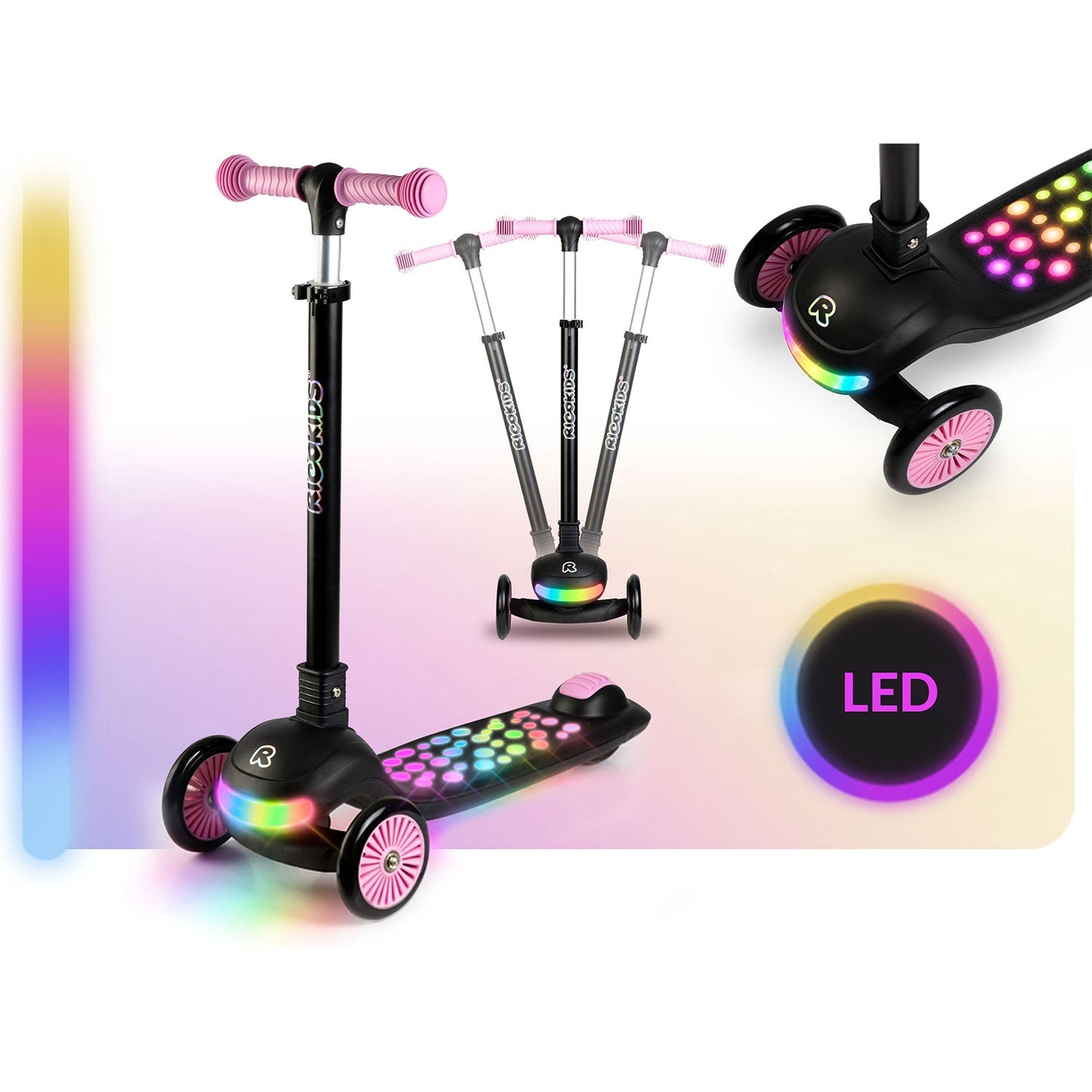 Ricokids Glowi three-wheeled LED balance scooter for children - black and pink