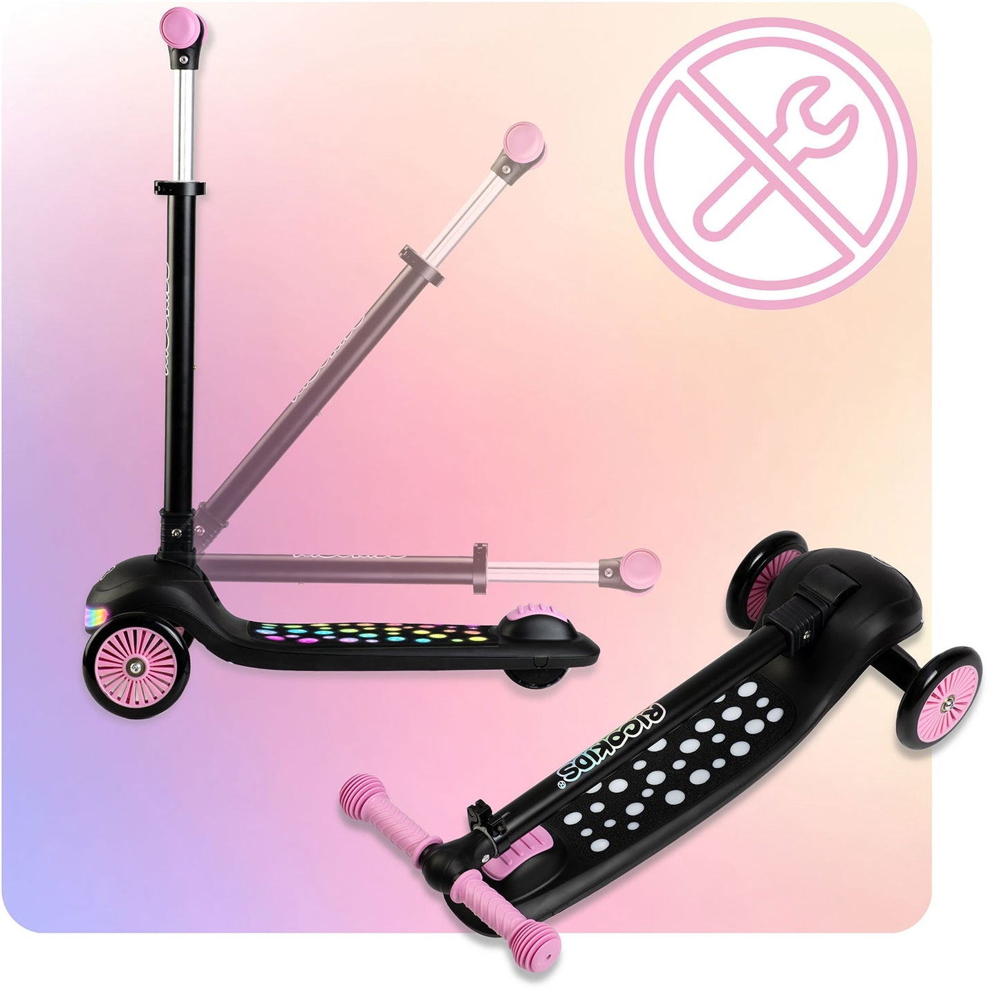 Ricokids Glowi three-wheeled LED balance scooter for children - black and pink