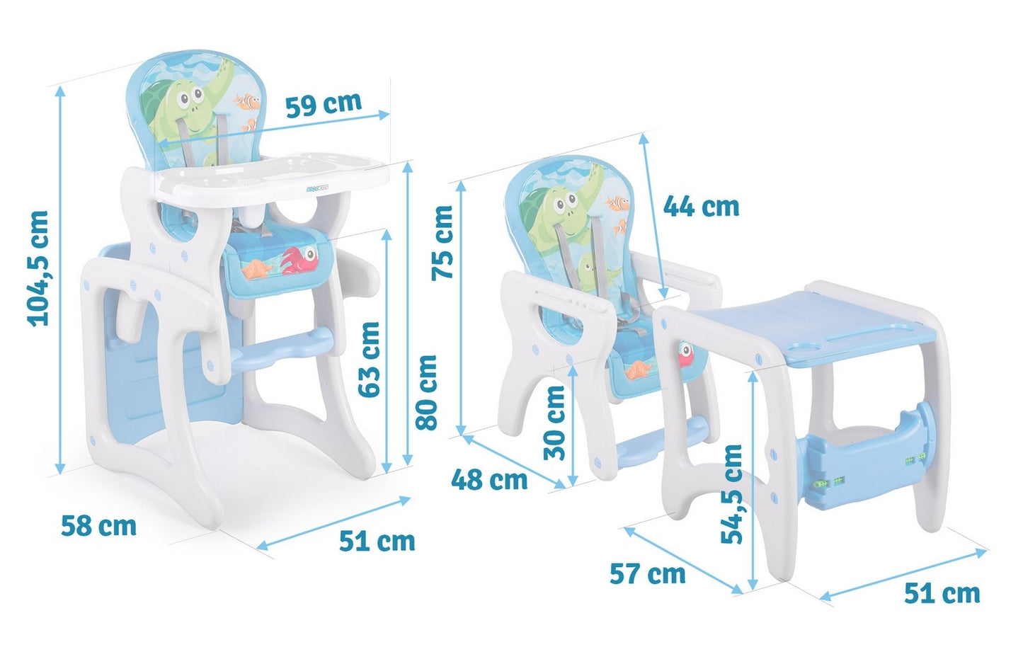 Ricokids Teri 3in1 baby feeding chair, gray and blue