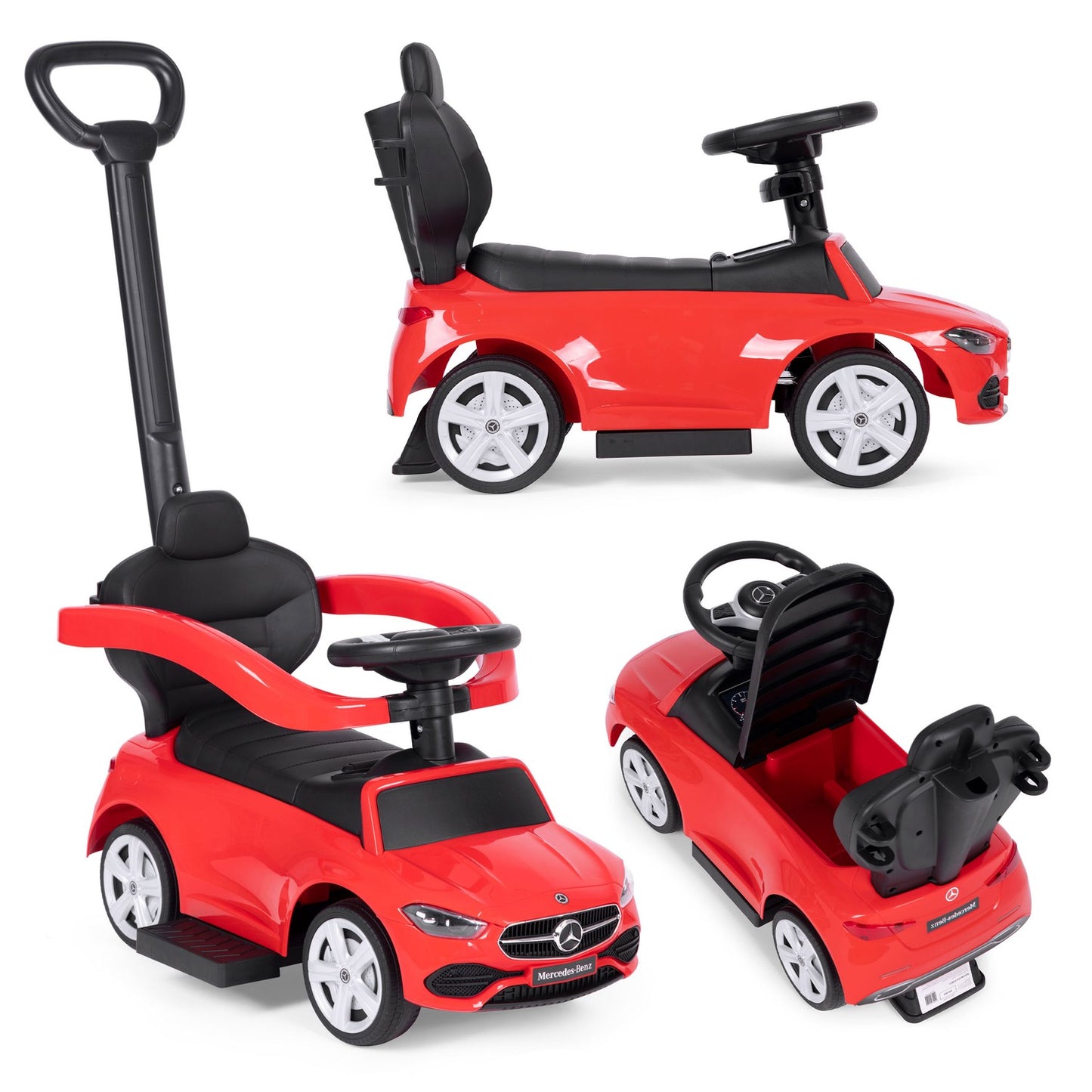 Ride-on pusher car Mercedes C CLASS interactive steering wheel guide red