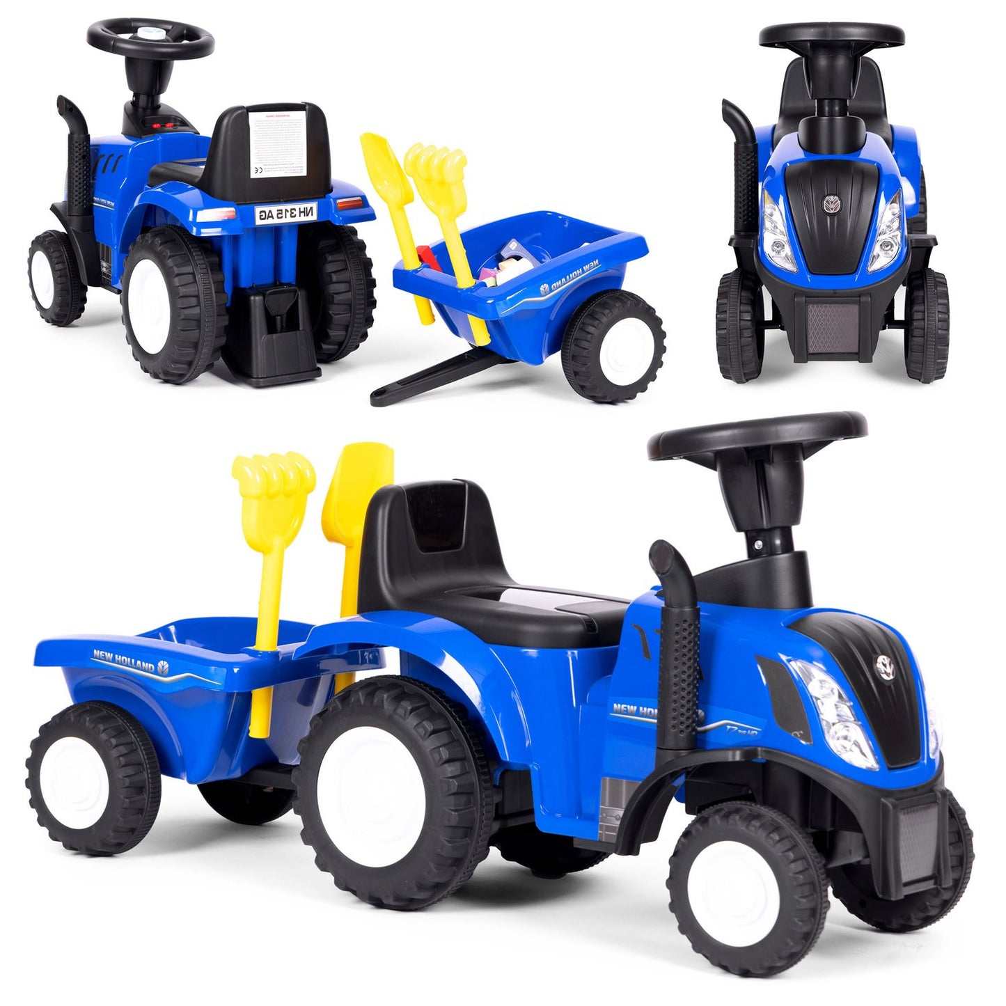 Ride-on tractor with trailer for children, interactive steering wheel, sounds, blue