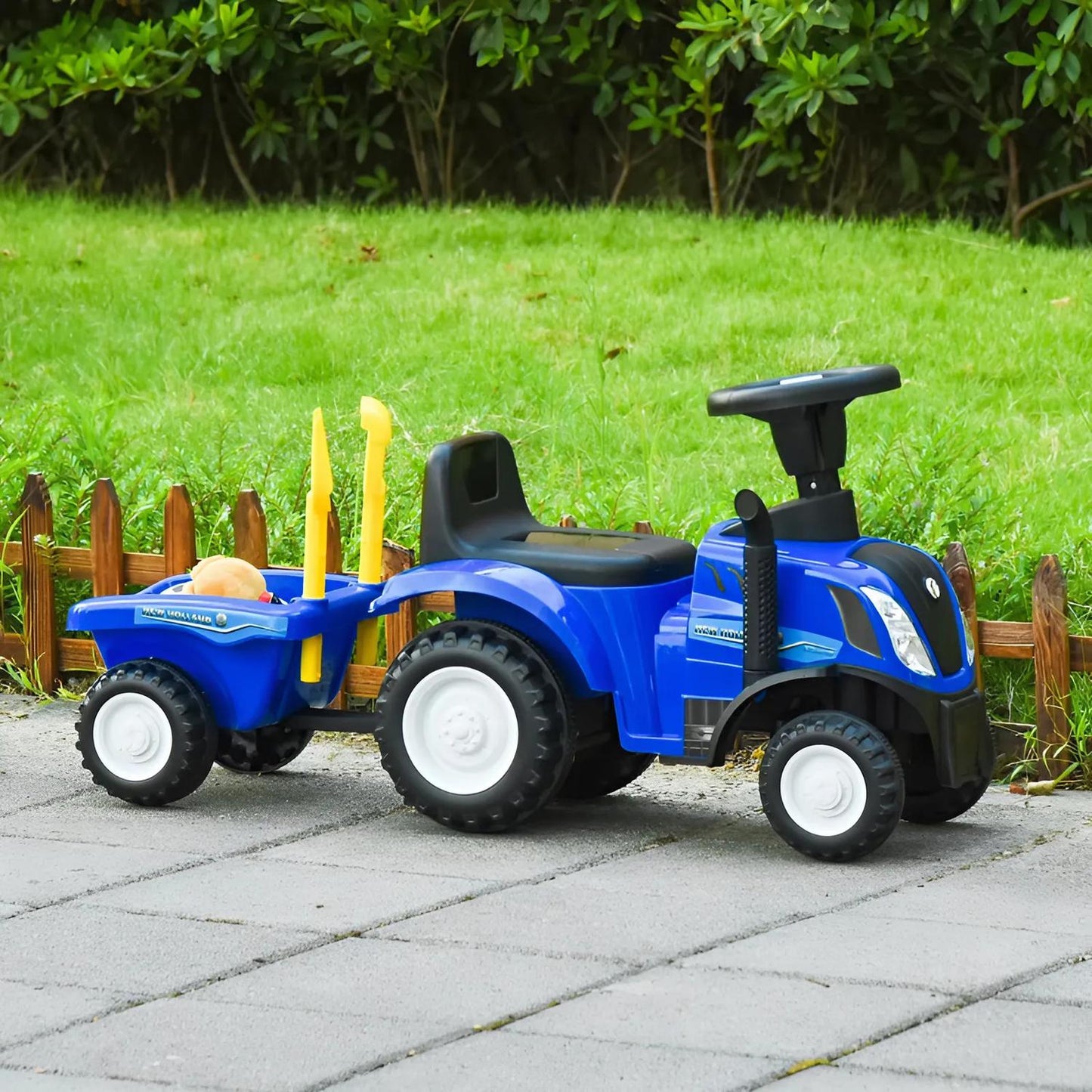 Ride-on tractor with trailer for children, interactive steering wheel, sounds, blue