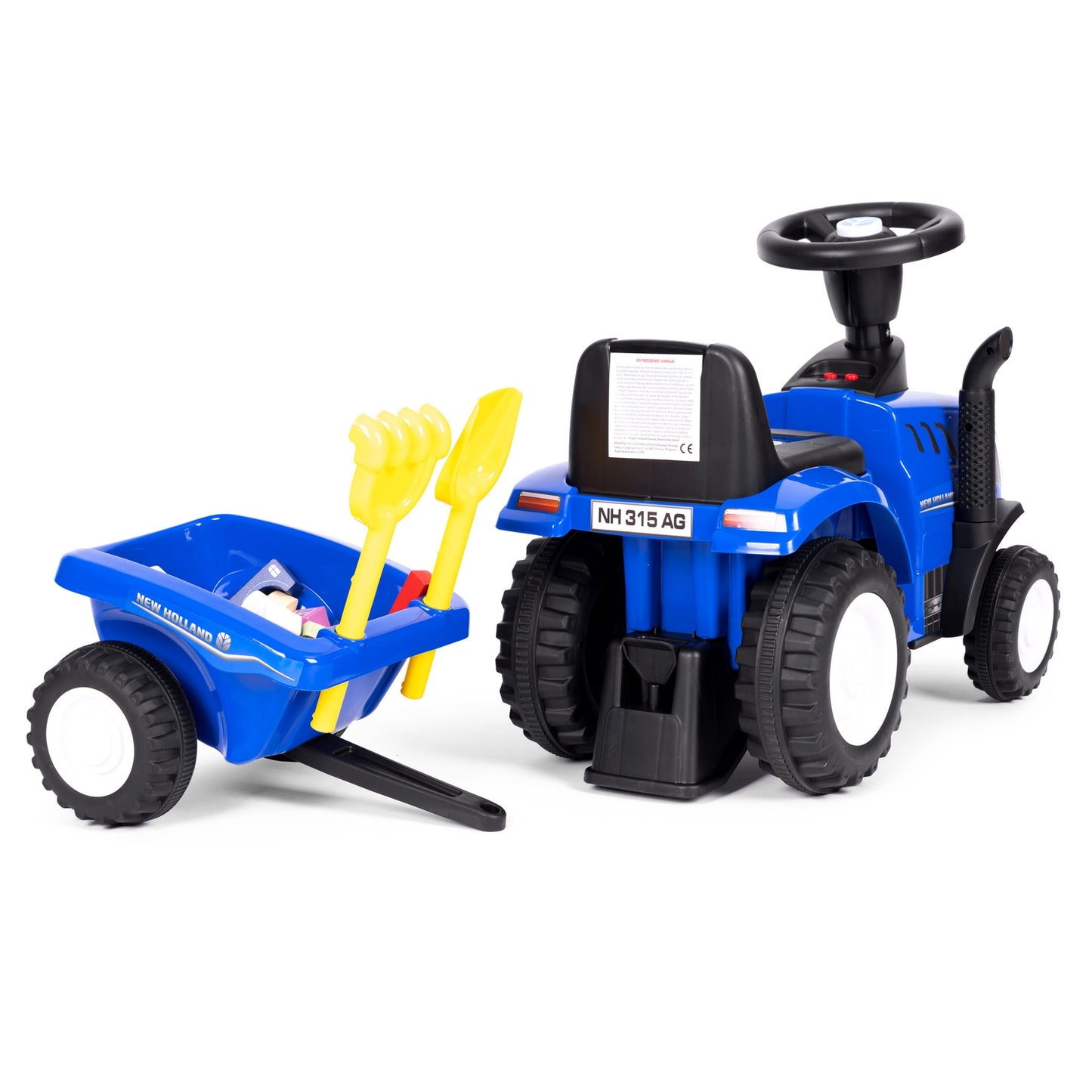 Ride-on tractor with trailer for children, interactive steering wheel, sounds, blue