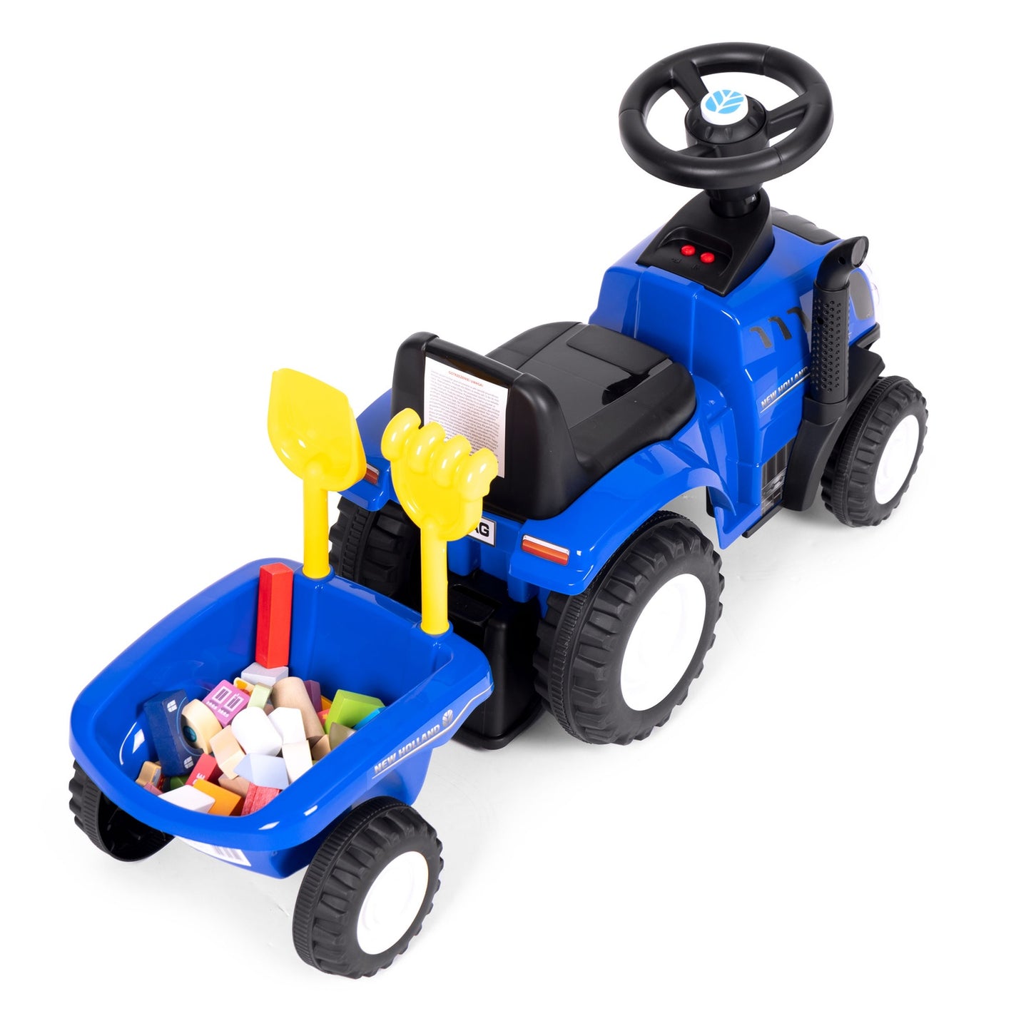 Ride-on tractor with trailer for children, interactive steering wheel, sounds, blue
