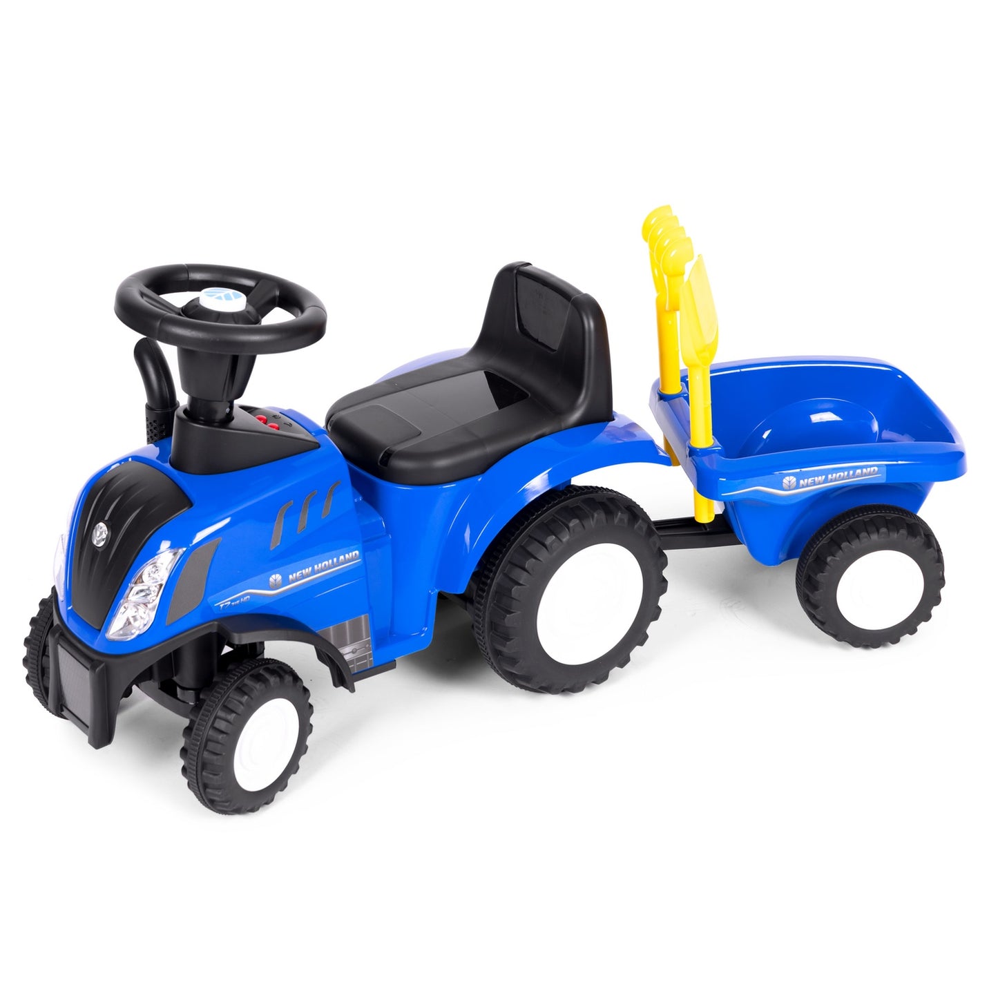 Ride-on tractor with trailer for children, interactive steering wheel, sounds, blue