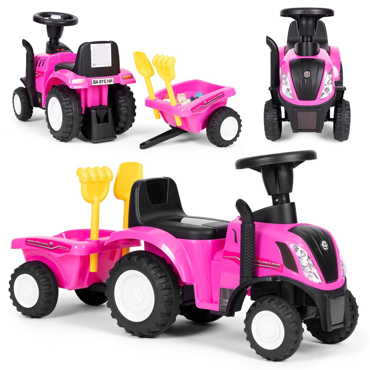 Ride-on tractor with trailer for children, interactive steering wheel, sounds, pink