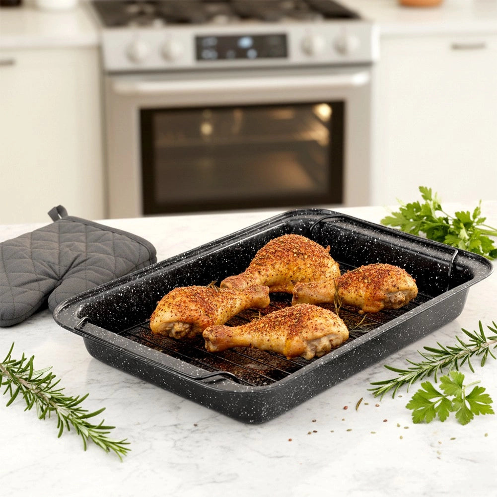 Roasting Pan with Rack, Non-Stick Granite, 37.5x25.5 cm
