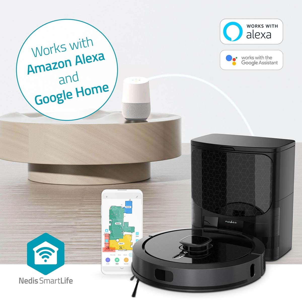 Robot Vacuum Cleaner, Laser Navigation, Wi-Fi, 3 Hr Runtime