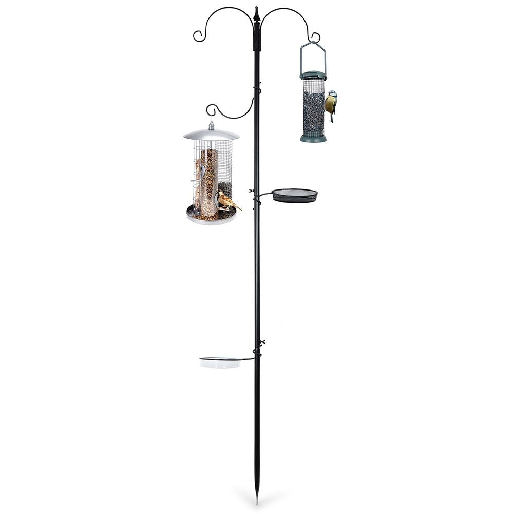Robust bird feeder with ground spike and two bowls