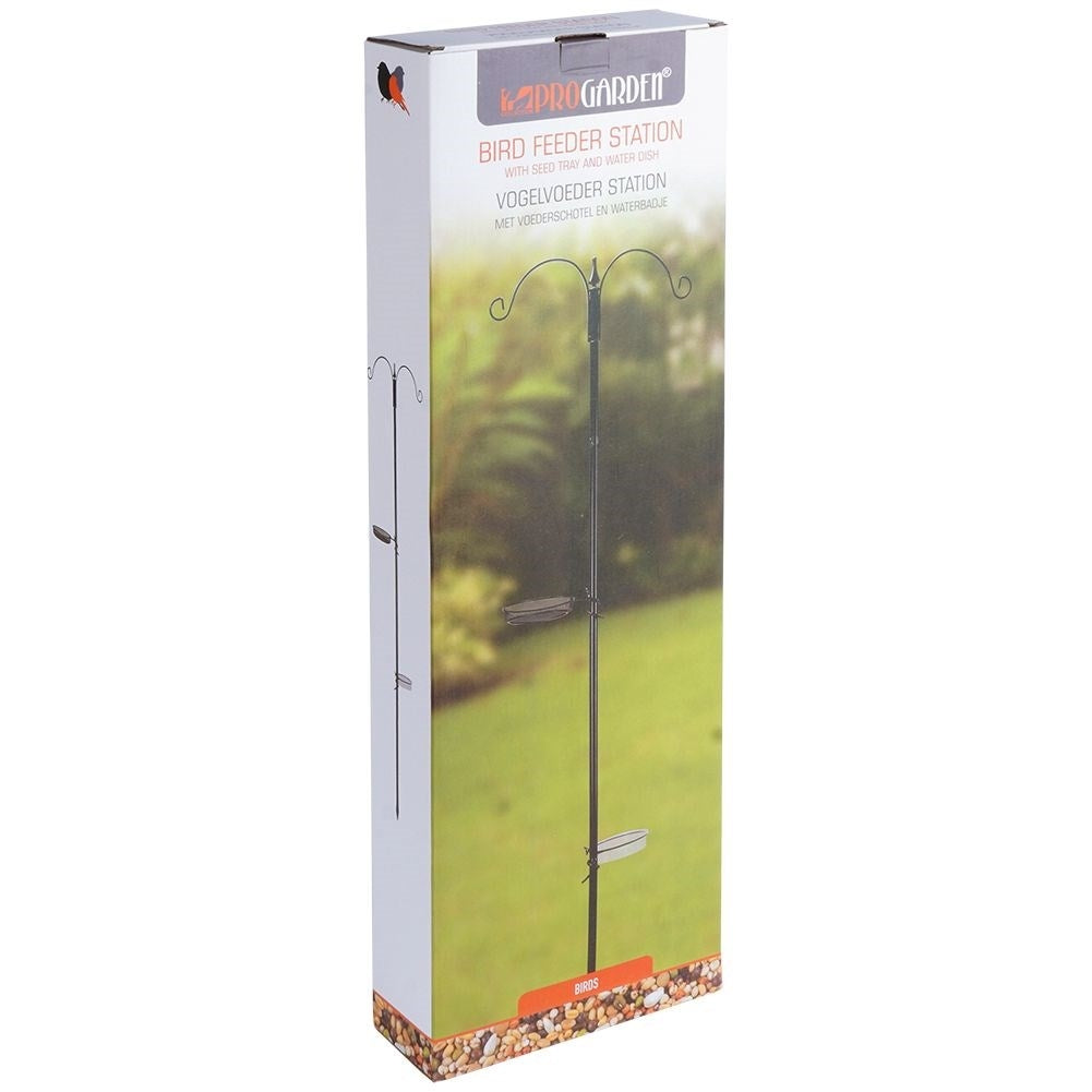 Robust bird feeder with ground spike and two bowls
