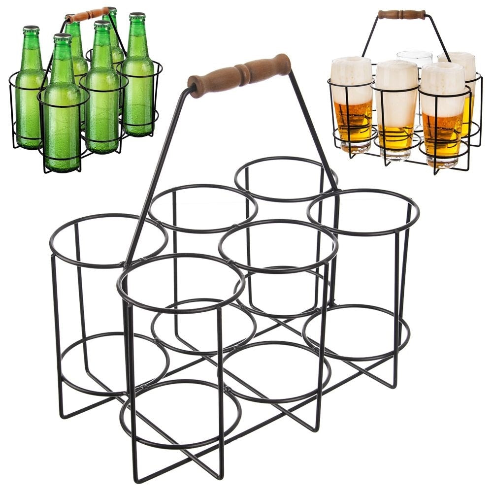 Robust metal basket for six bottles with wooden handle