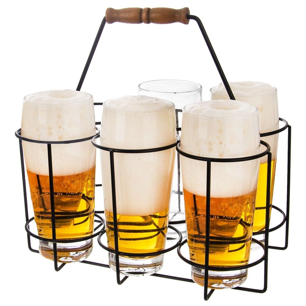 Robust metal basket for six bottles with wooden handle