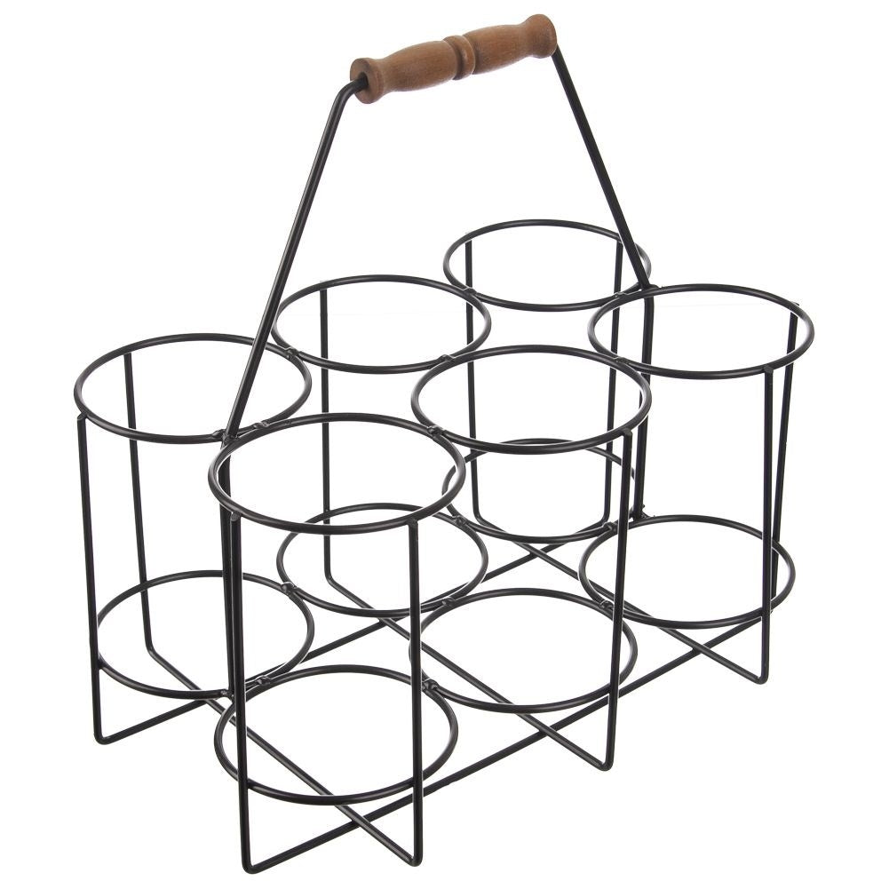 Robust metal basket for six bottles with wooden handle