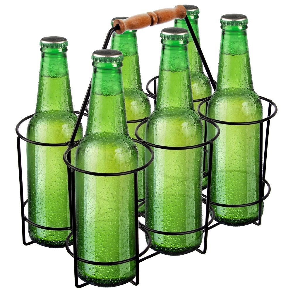 Robust metal basket for six bottles with wooden handle