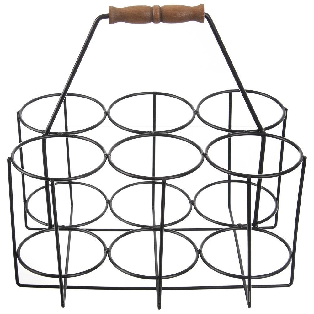 Robust metal basket for six bottles with wooden handle