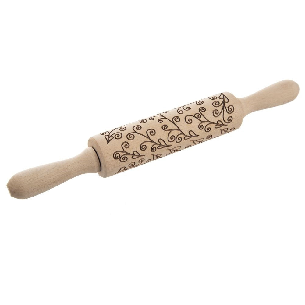 Rotary rolling pin for cake decoration with plant patterns in beech wood