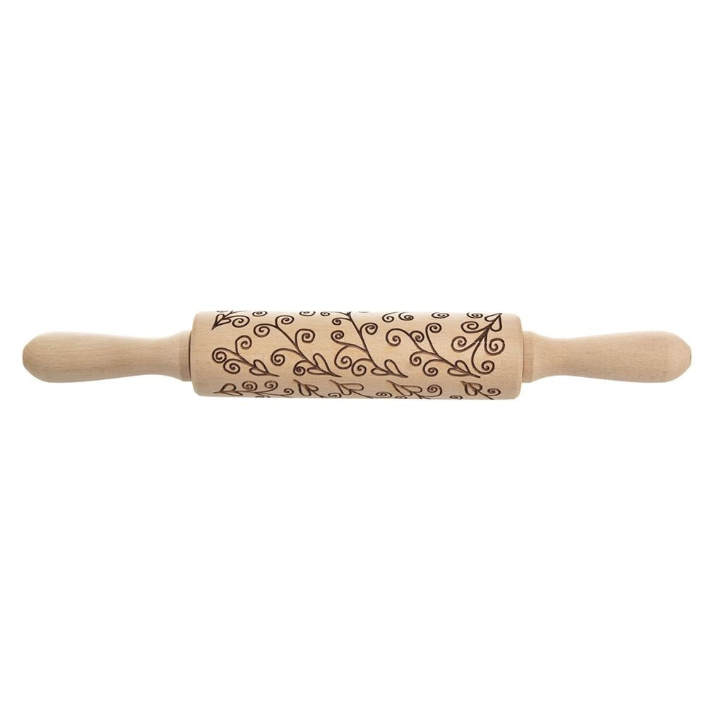 Rotary rolling pin for cake decoration with plant patterns in beech wood