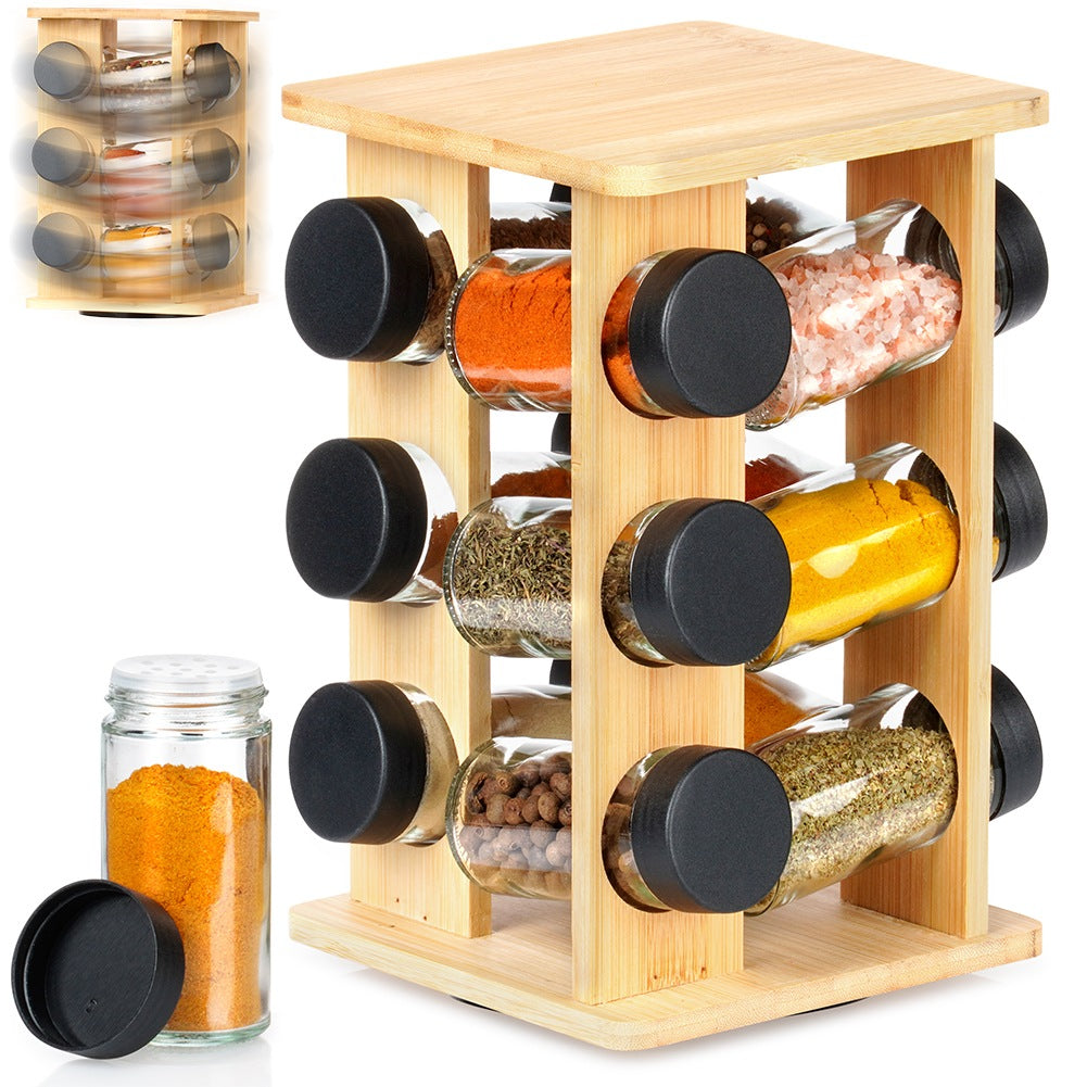 Rotating Wooden Spice Rack with 13 Containers
