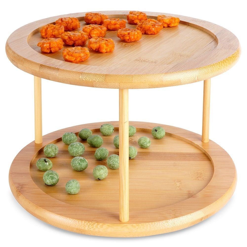 Rotating bamboo cookie tray with 2 levels for cookies and snacks