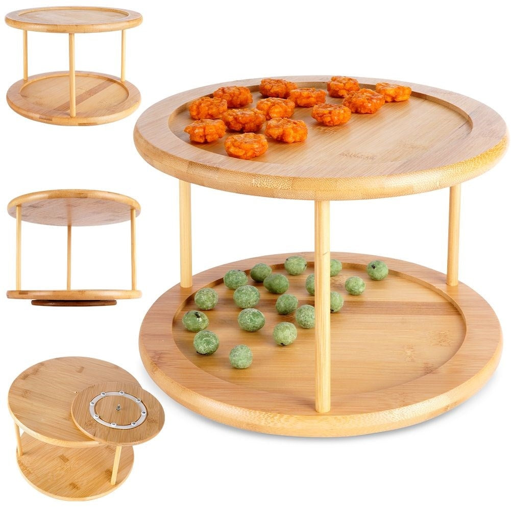 Rotating bamboo cookie tray with 2 levels for cookies and snacks