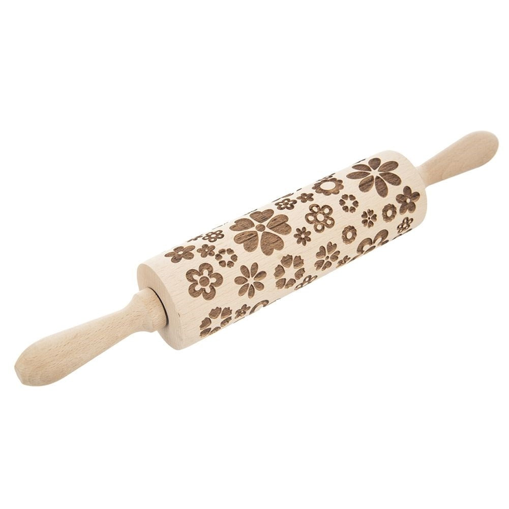 Rotating rolling pin with floral pattern in natural beech wood