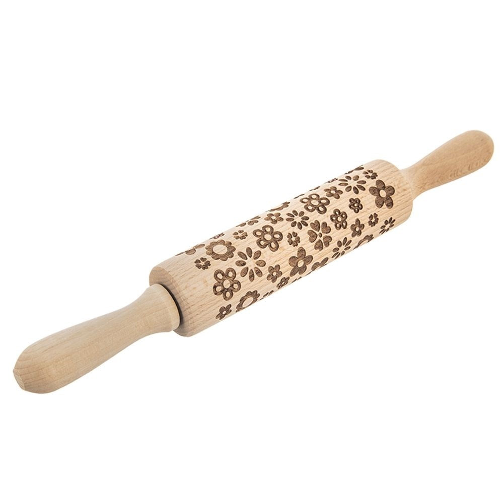 Rotating rolling pin with floral pattern in natural beech wood