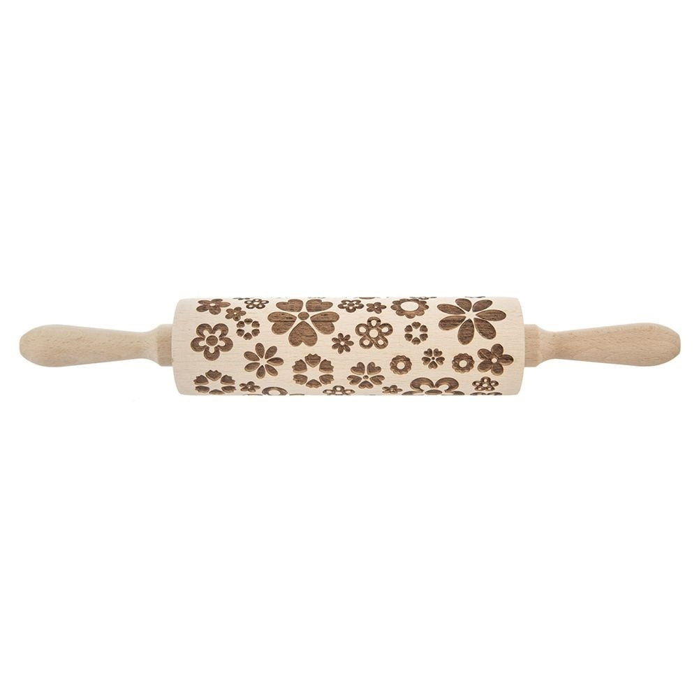 Rotating rolling pin with floral pattern in natural beech wood