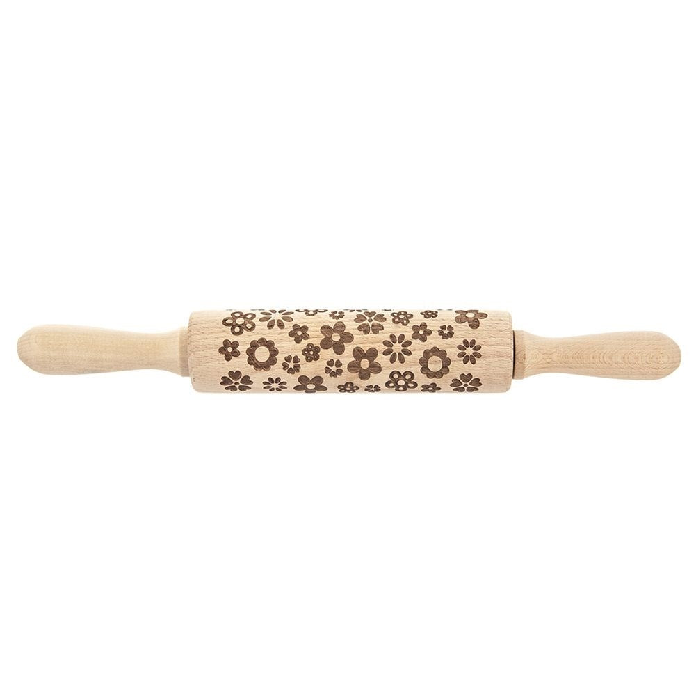 Rotating rolling pin with floral pattern in natural beech wood