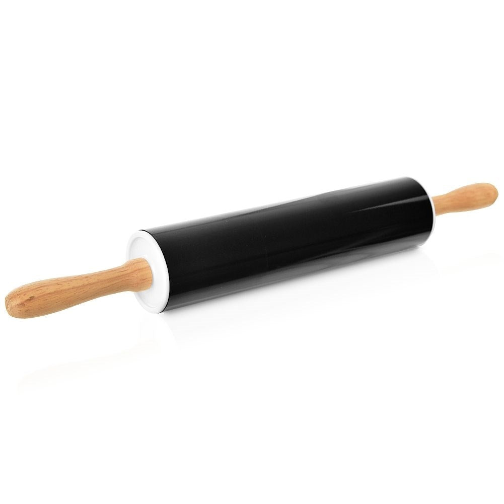Rotating rolling pin with non-stick metal and wooden handle