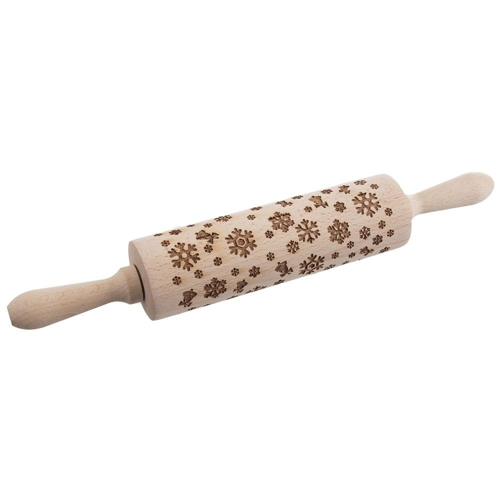 Rotating rolling pin with snowflake pattern in natural beech wood