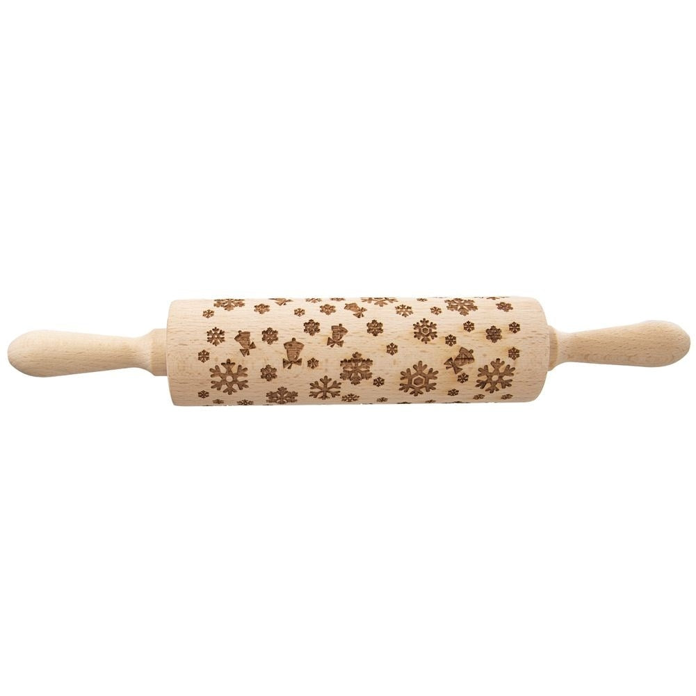 Rotating rolling pin with snowflake pattern in natural beech wood