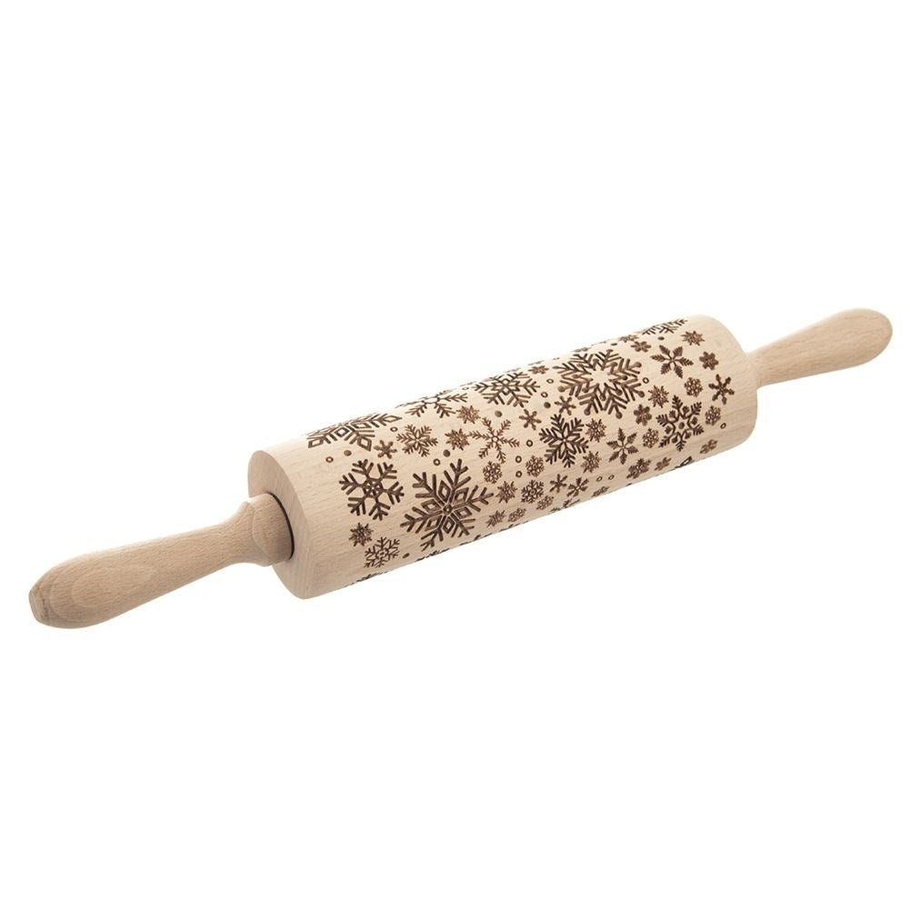 Rotating rolling pin with snowflakes in natural beech wood