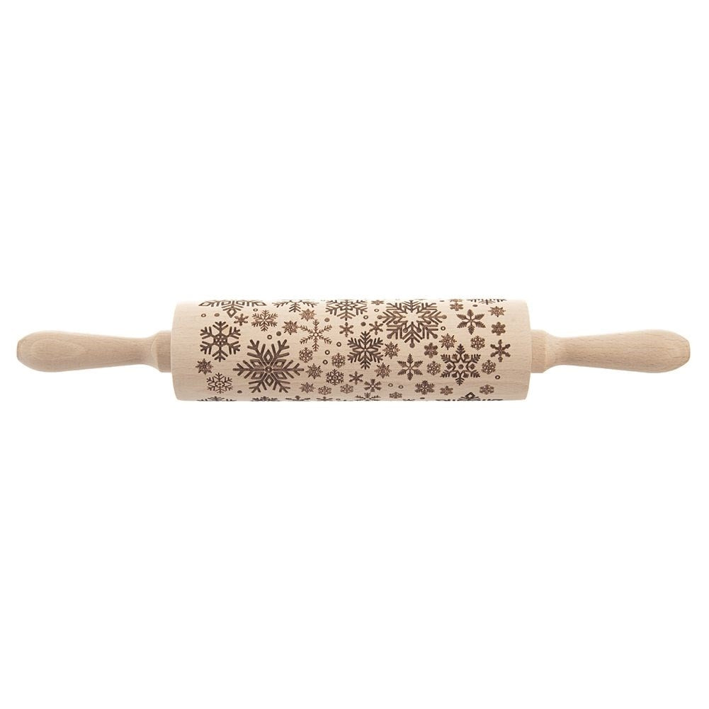 Rotating rolling pin with snowflakes in natural beech wood