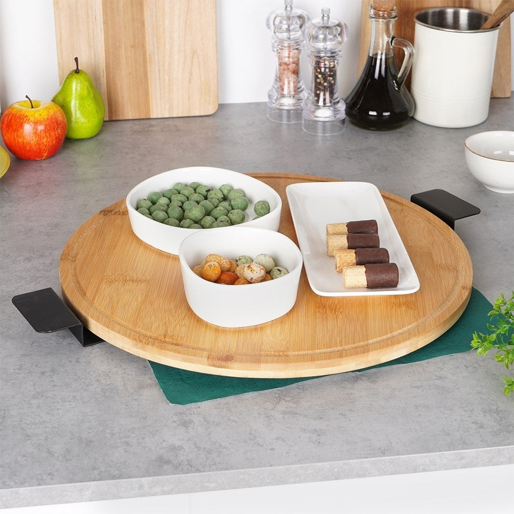 Rotating serving tray in bamboo and metal with handle