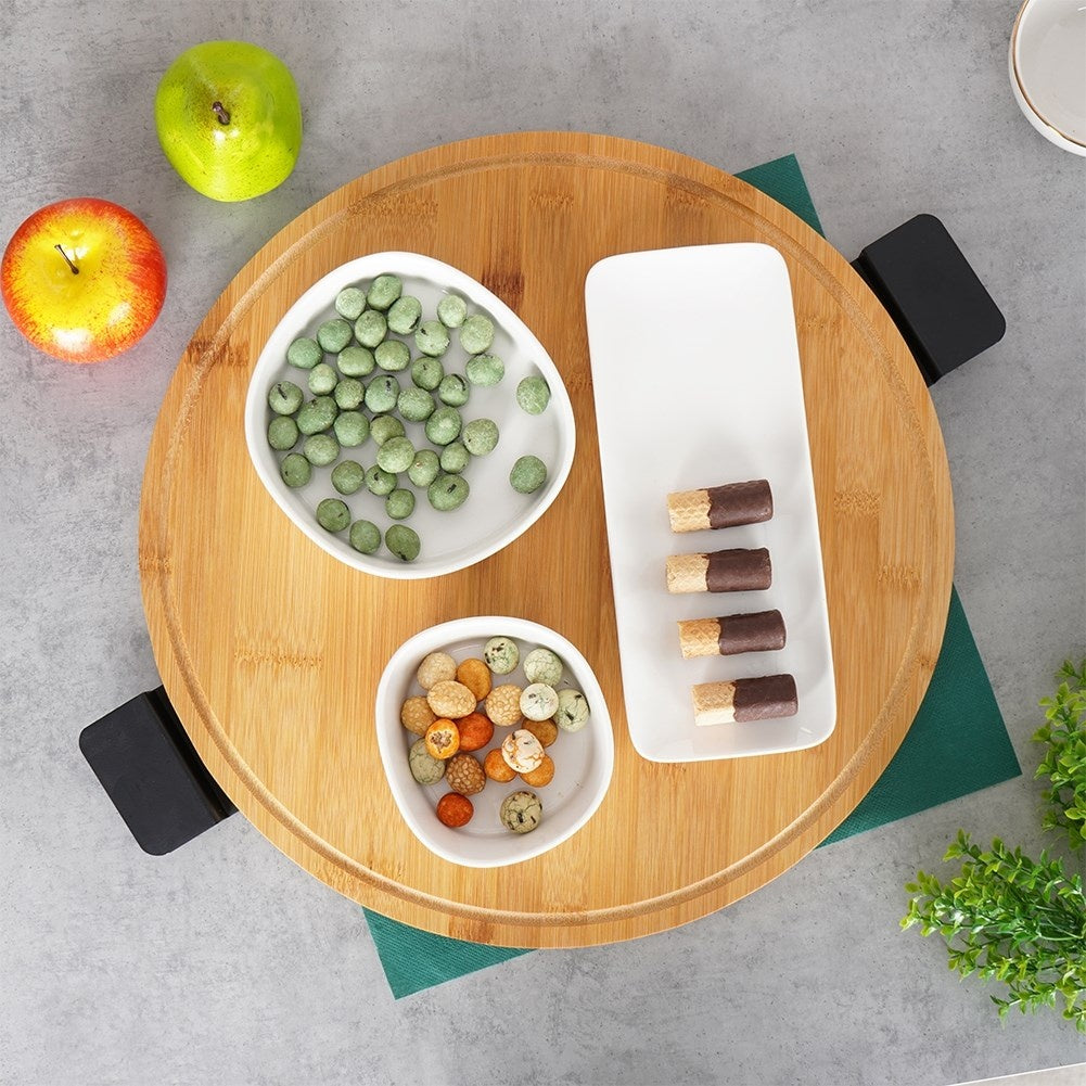 Rotating serving tray in bamboo and metal with handle