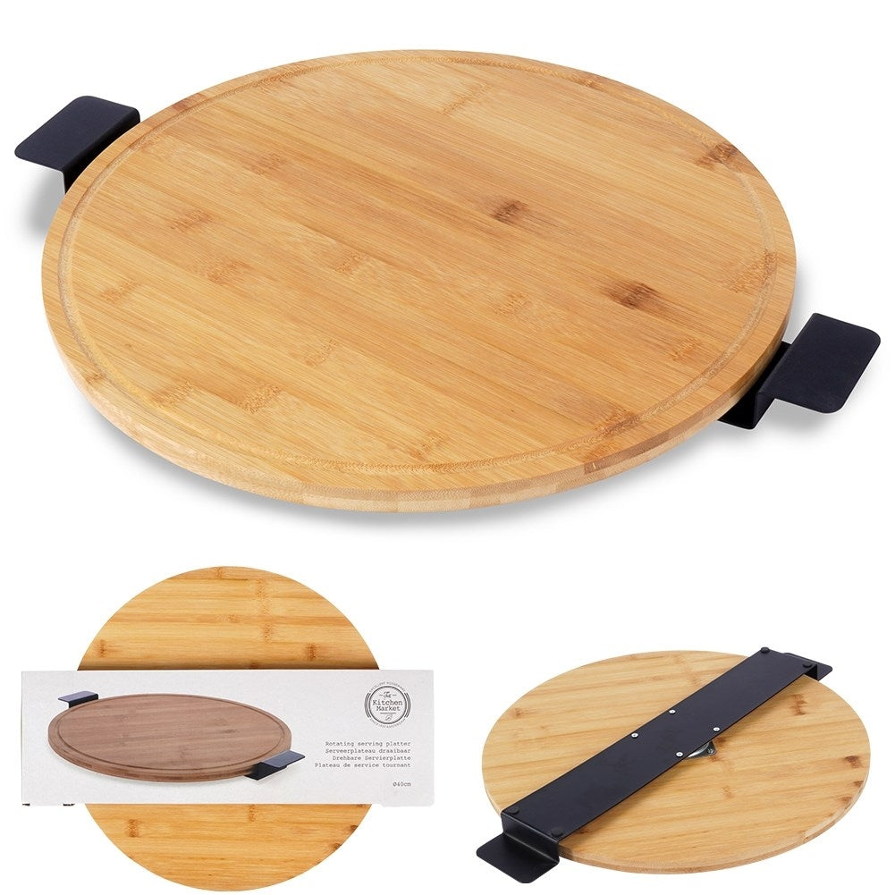 Rotating serving tray in bamboo and metal with handle