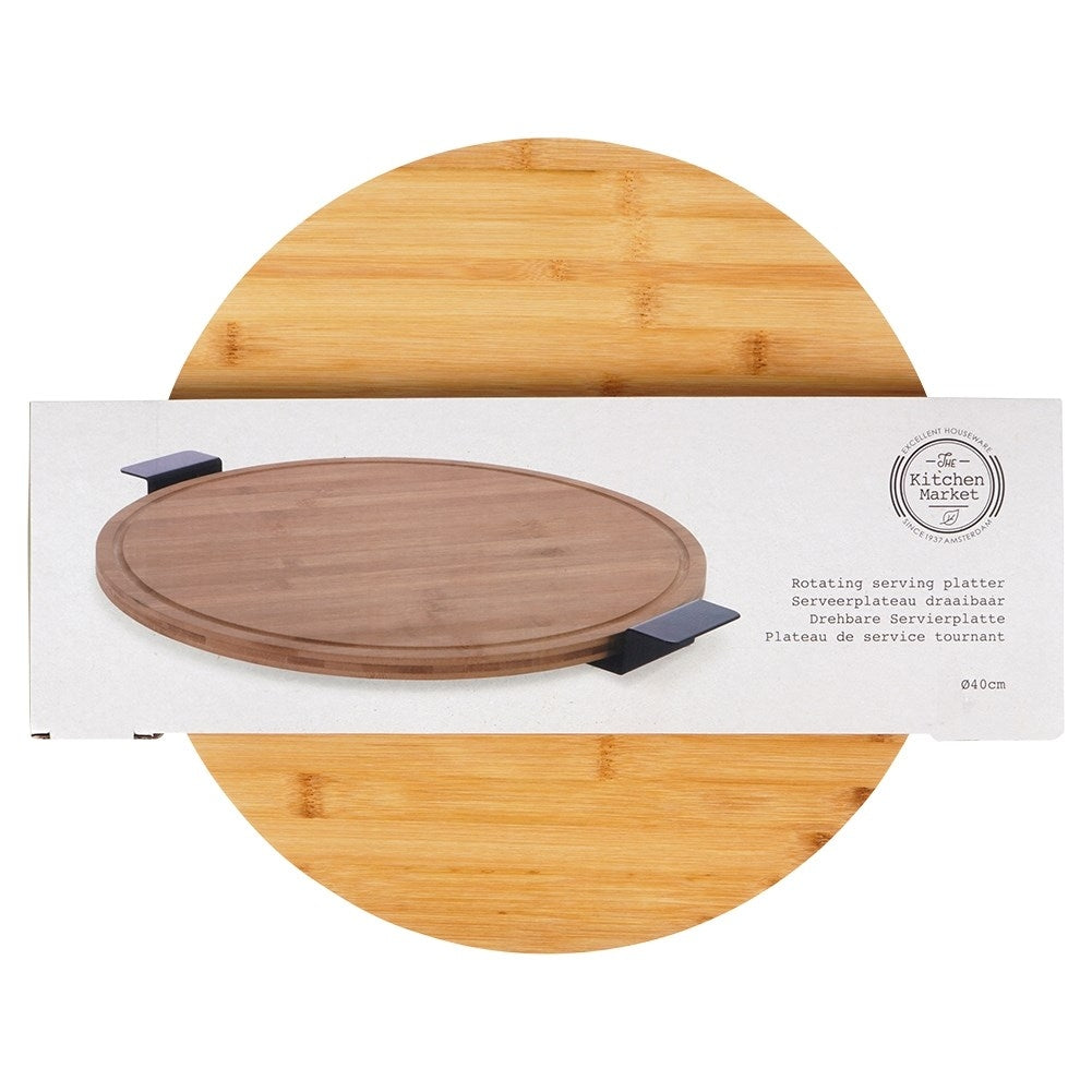 Rotating serving tray in bamboo and metal with handle