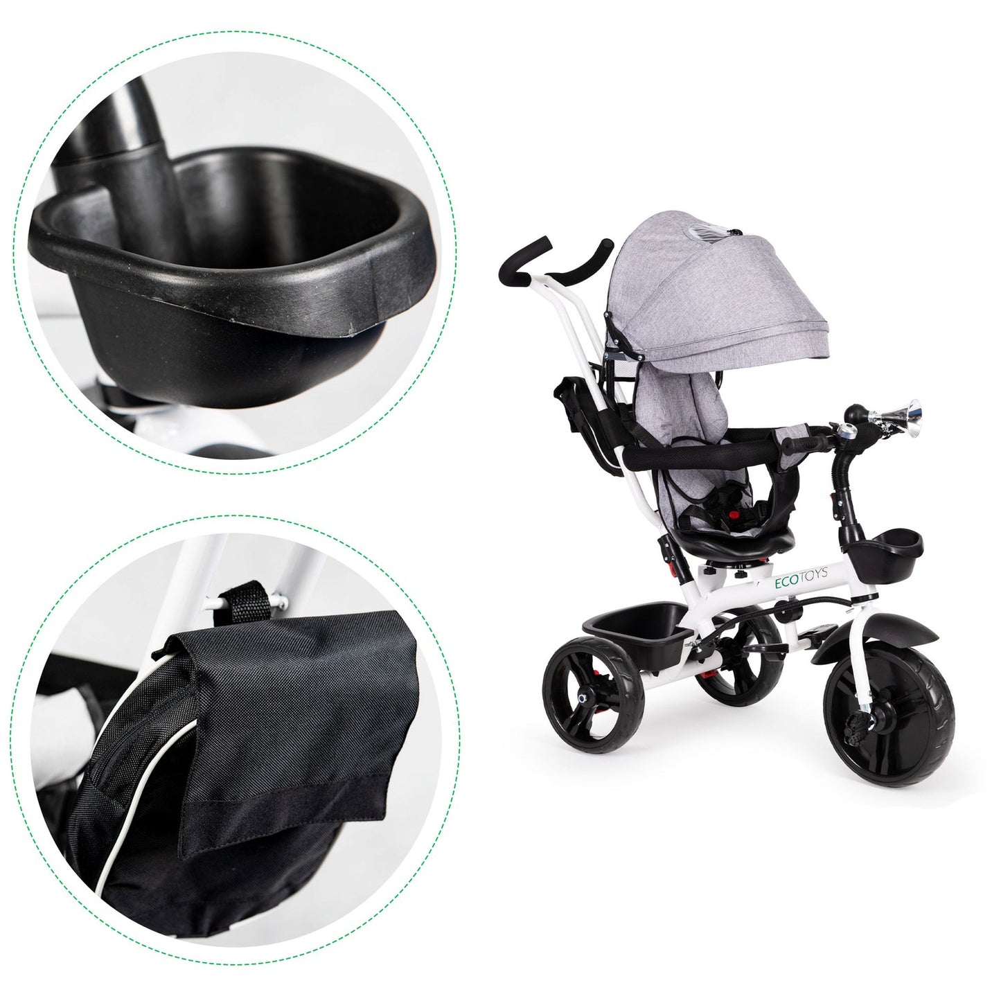 Rotating tricycle with a hood 360° Gray