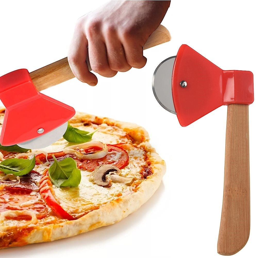 Round Ax Shaped Pizza Cutter with Steel Blade and Wooden Handle