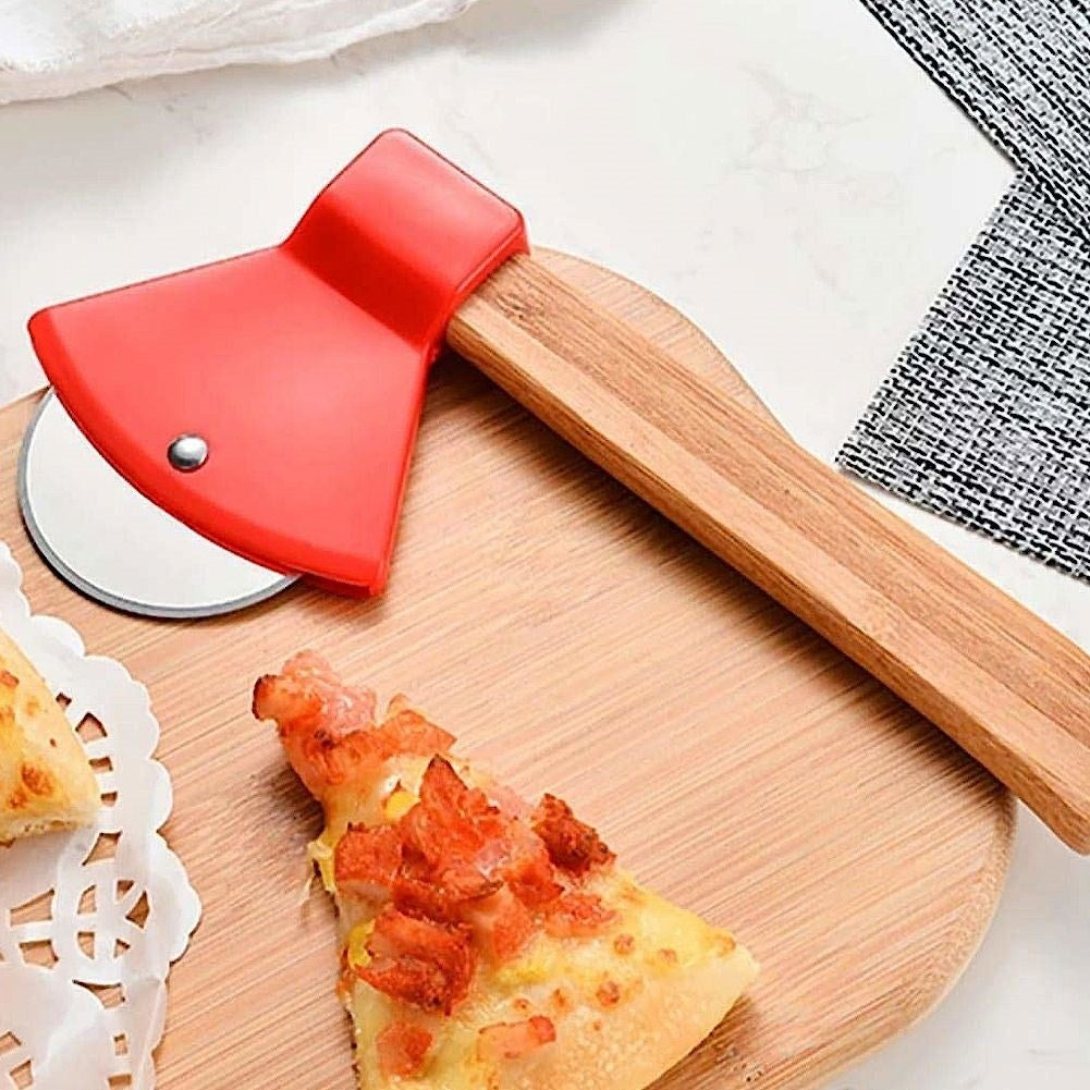 Round Ax Shaped Pizza Cutter with Steel Blade and Wooden Handle