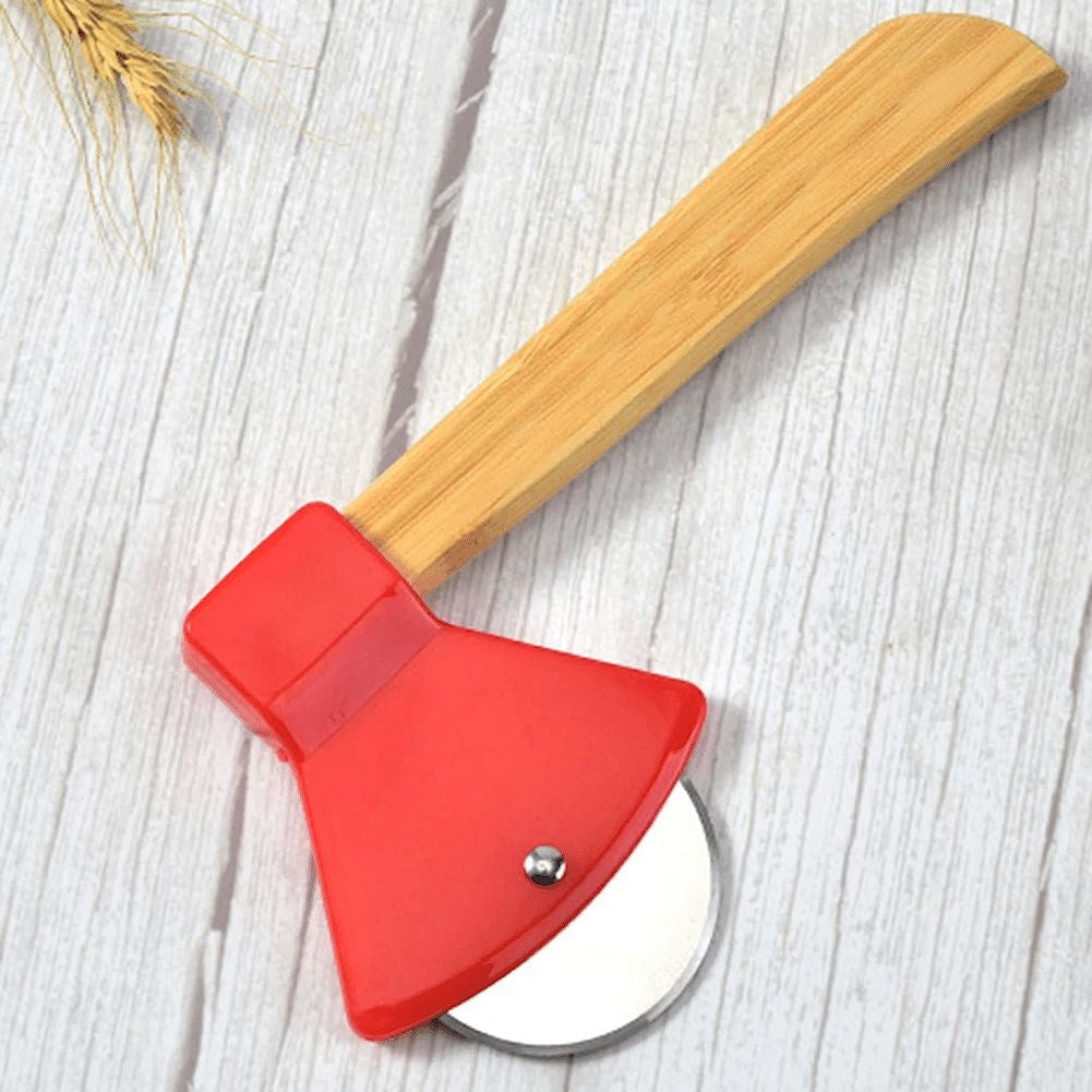 Round Ax Shaped Pizza Cutter with Steel Blade and Wooden Handle