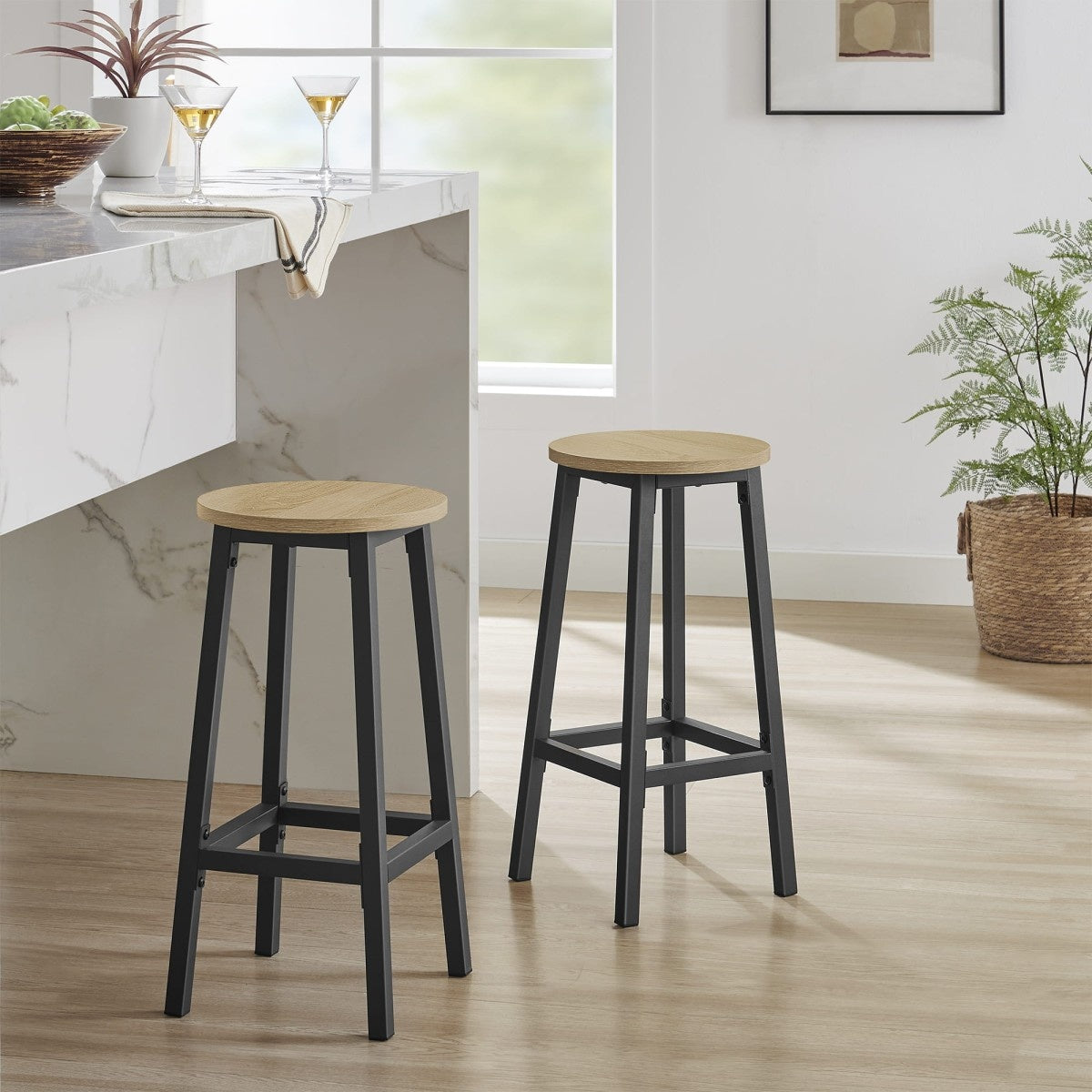 Round Bar Stool Set of 2 – 65 cm High Chair with Footrest