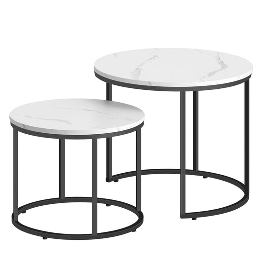 Round Coffee Table Set of 2 – Marble Top, Black Metal Legs