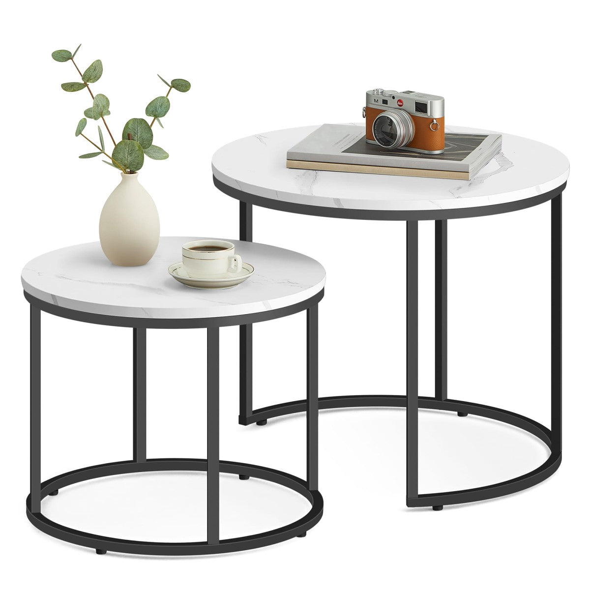 Round Coffee Table Set of 2 – Marble Top, Black Metal Legs