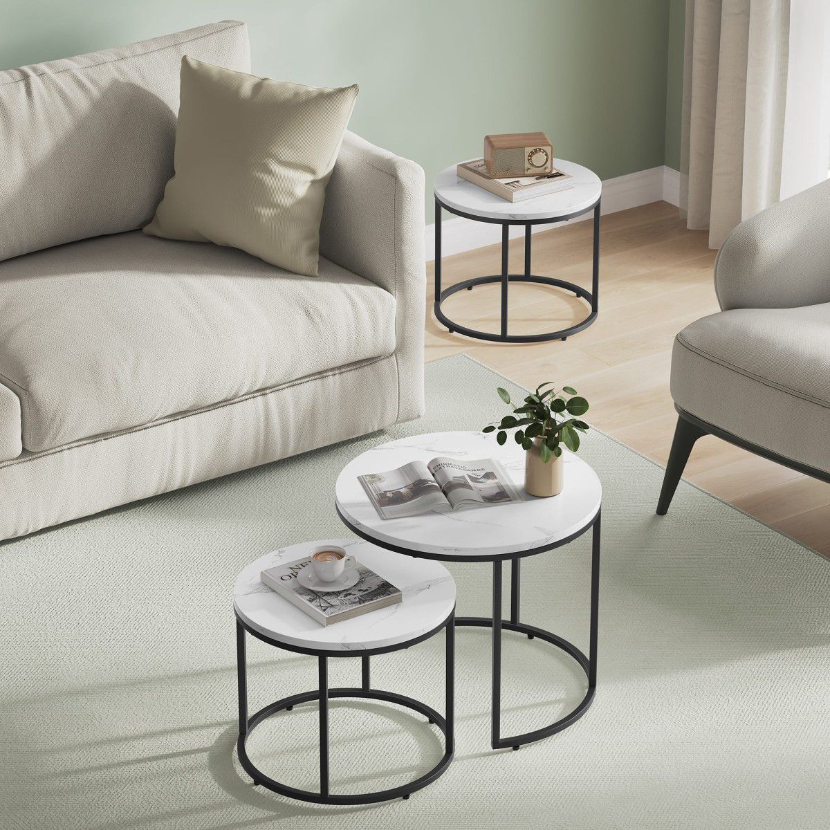 Round Coffee Table Set of 2 – Marble Top, Black Metal Legs